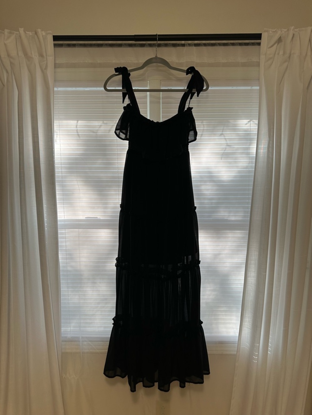 Black Tie-Shoulder Tiered Maxi Dress